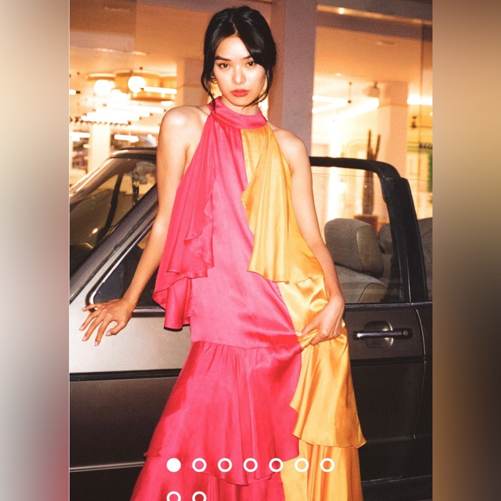 Anthropologie Pink and Yellow Halter Colorblock Prom Gown